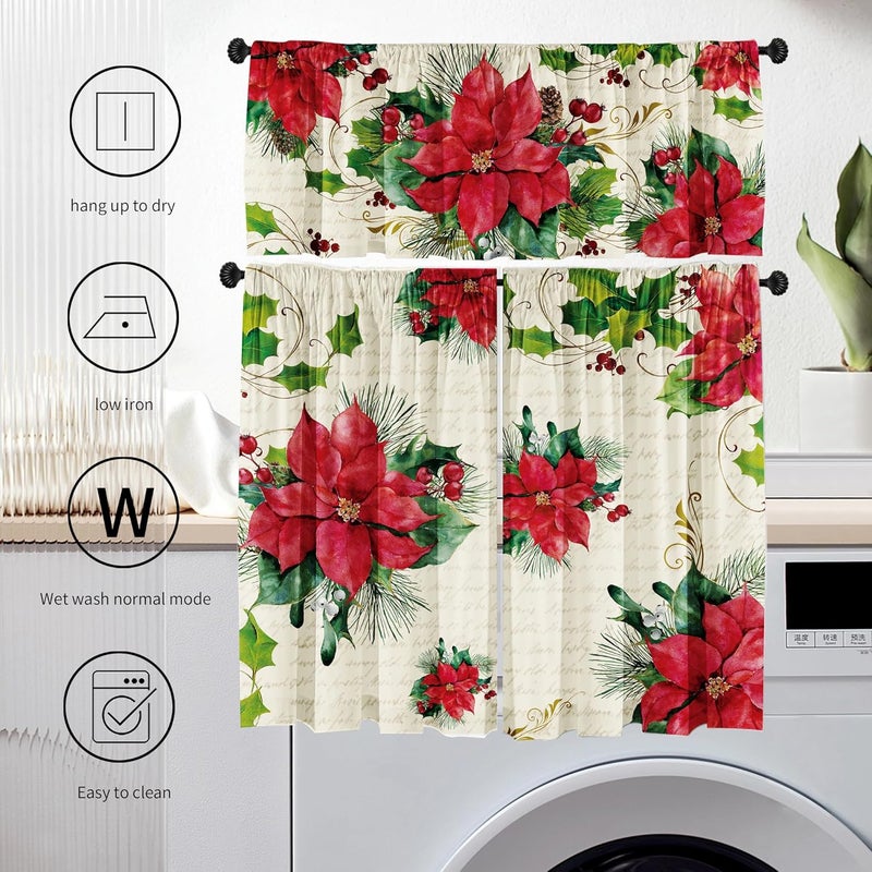 SUNWISHA Poinsettia Christmas Curtain Valances Set, Upper & Lower Curtains,52'' L x 18'' W & 36'' L x 26'' W, Holiday Bedroom Decoration, Kitchen Windows Decor, 3 Piece Set, Red - Image 5